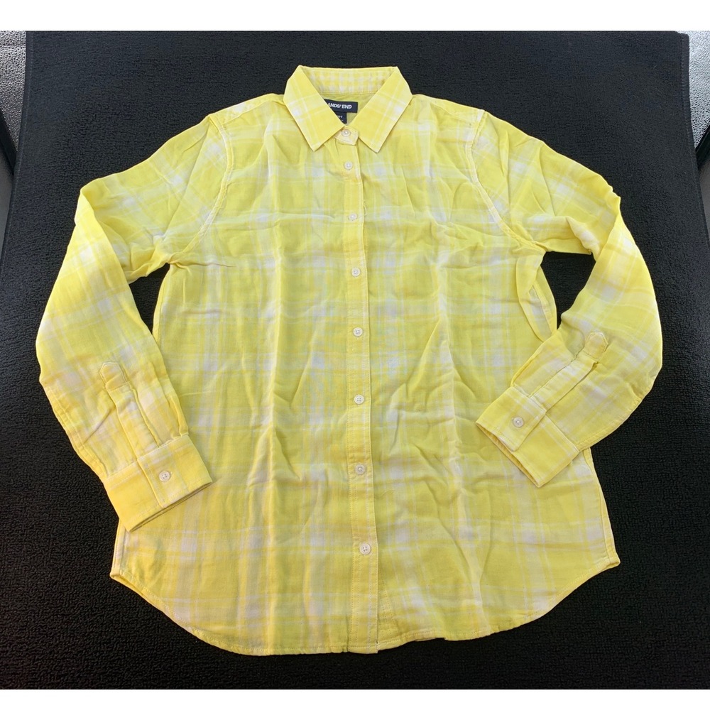 Lands End Yellow Plaid Long Sleeve‎ Button Down Shirt Top Girls Size 10T